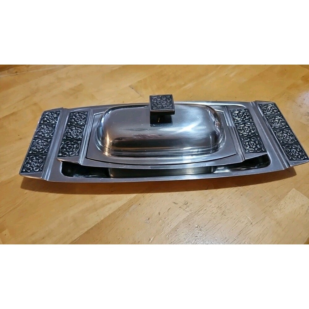 Stanley Roberts Velvet Pattern Stainless Steel Butter Dish & Condiment Platter